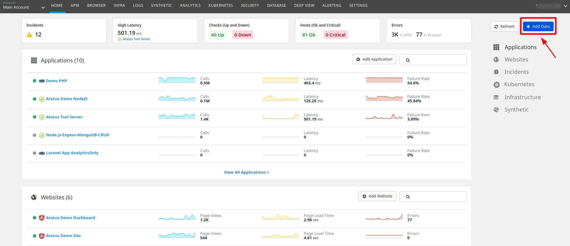 The ‘Add Data’ option in Atatus 